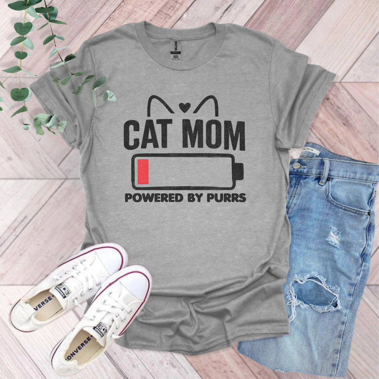 Cat Mom Powered By Purrs T-Shirt
