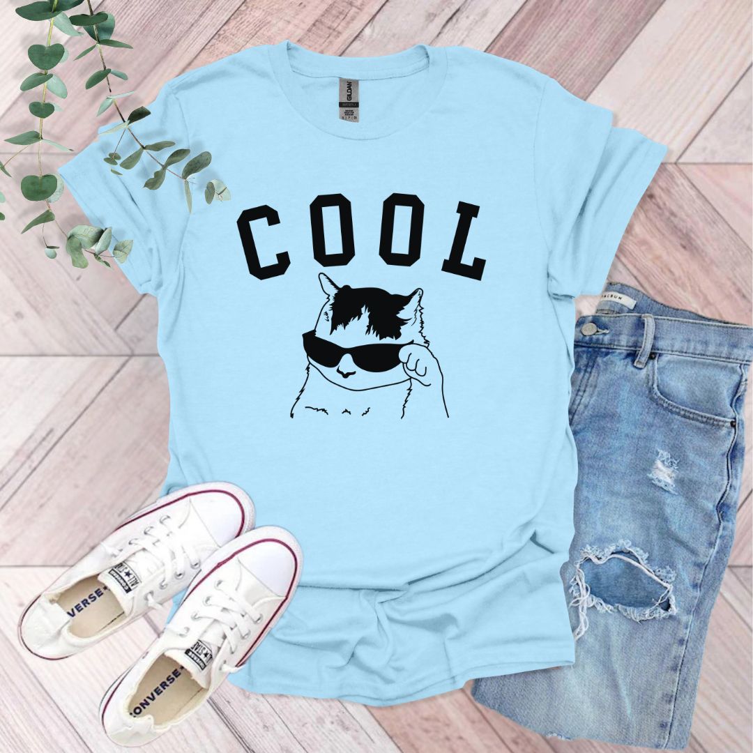 a t - shirt that says cool with sunglasses on it