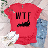 a t - shirt that says wtf where's the feline?