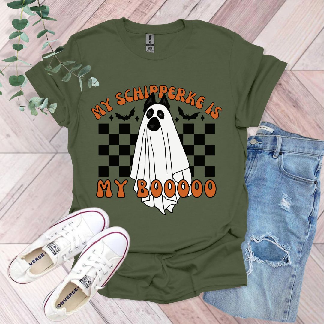 a t - shirt that says, my schiper is my booooo