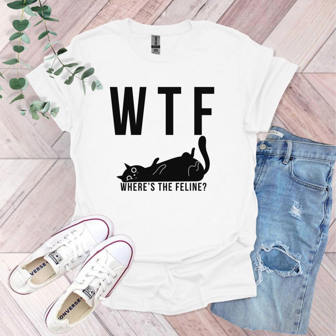 a white t - shirt with a black cat and the words wtf where '