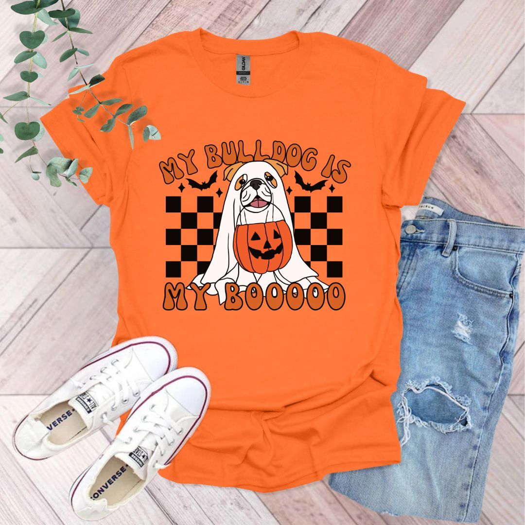 an orange shirt that says my bulldog is my boo boo boo boo boo boo boo