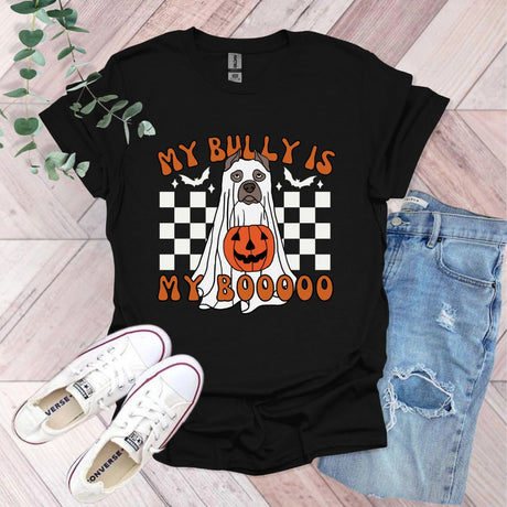 a black shirt with a dog wearing a ghost costume