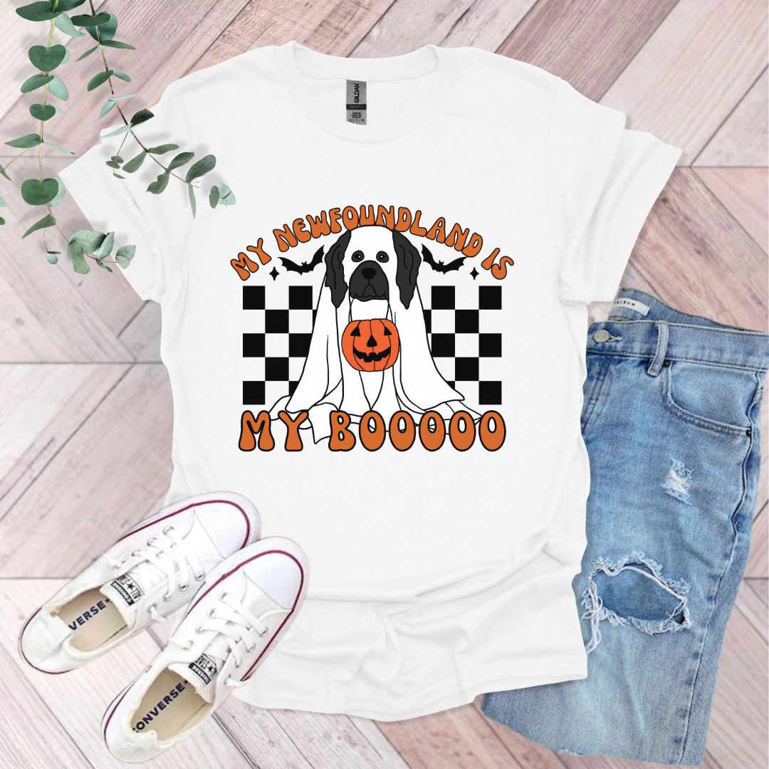 a white shirt with a black and white dog on it