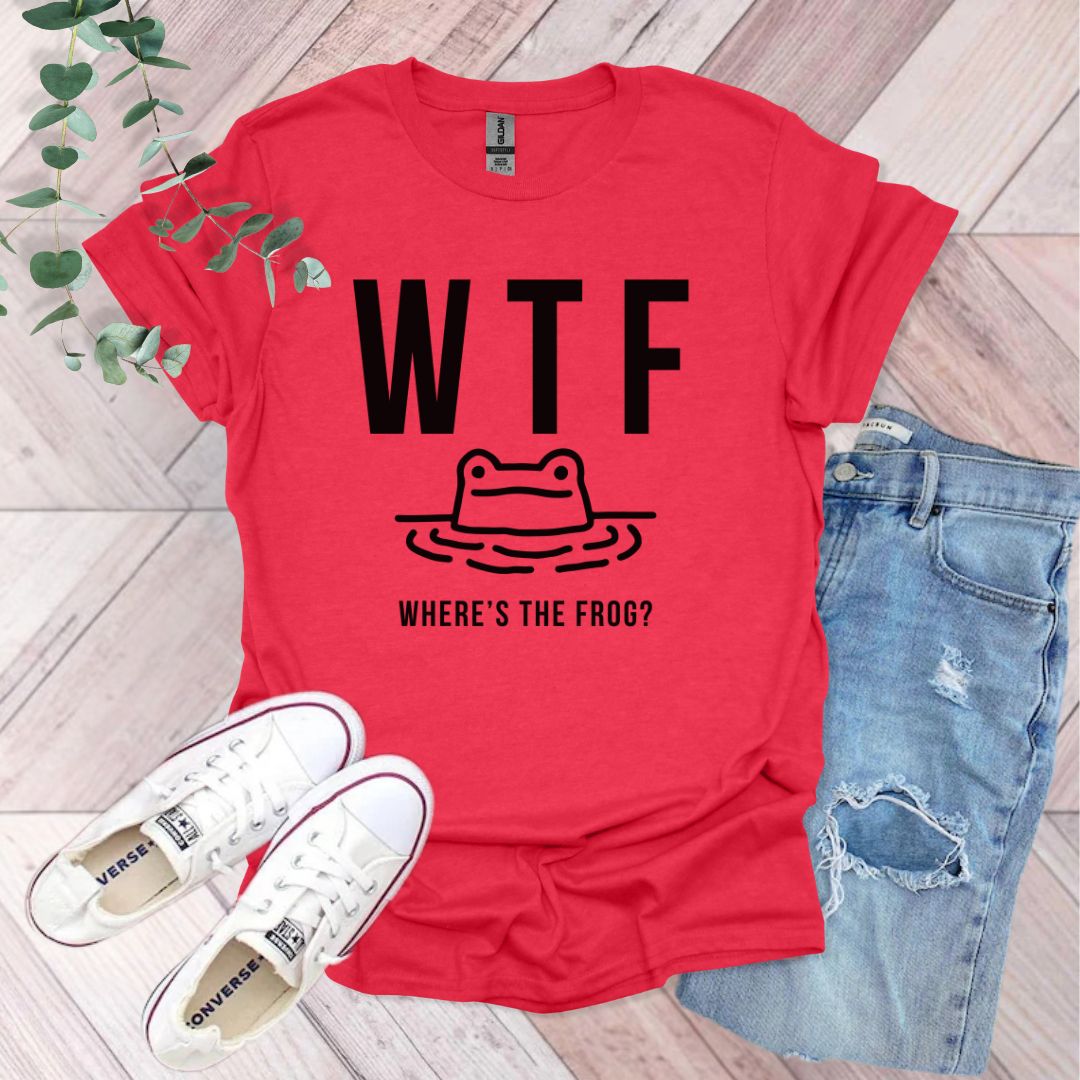 a red t - shirt with the words wtf where's the frog?