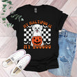 a black shirt with a dog wearing a pumpkin on it