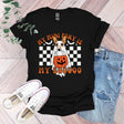 a black shirt with a dog wearing a pumpkin on it