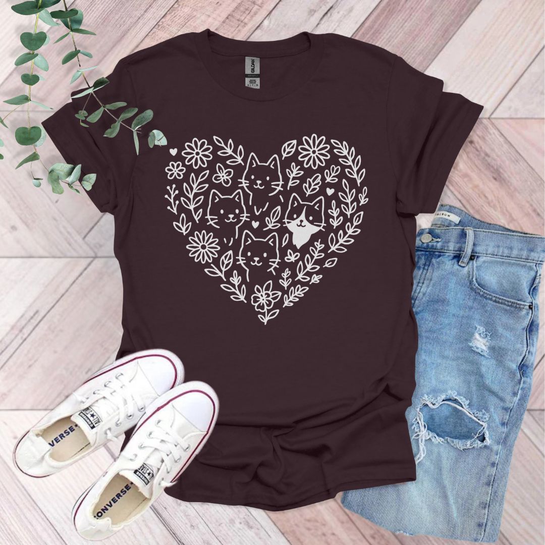 Floral Heart Cats T-Shirt