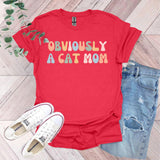 a red t - shirt with the words, seriously a cat mom on it