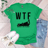 a green t - shirt with a black cat saying wtf where's the