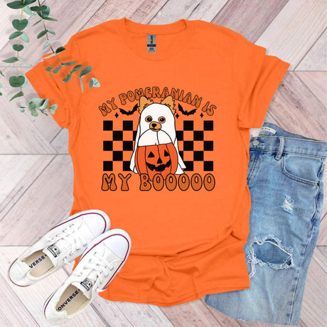 an orange shirt that says my pomeranian is boo boo boo boo boo boo boo boo